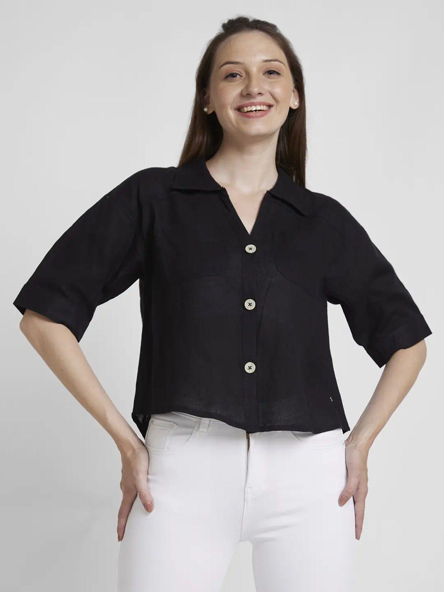 women black viscose linen slim fit half sleeve plain crop shirt