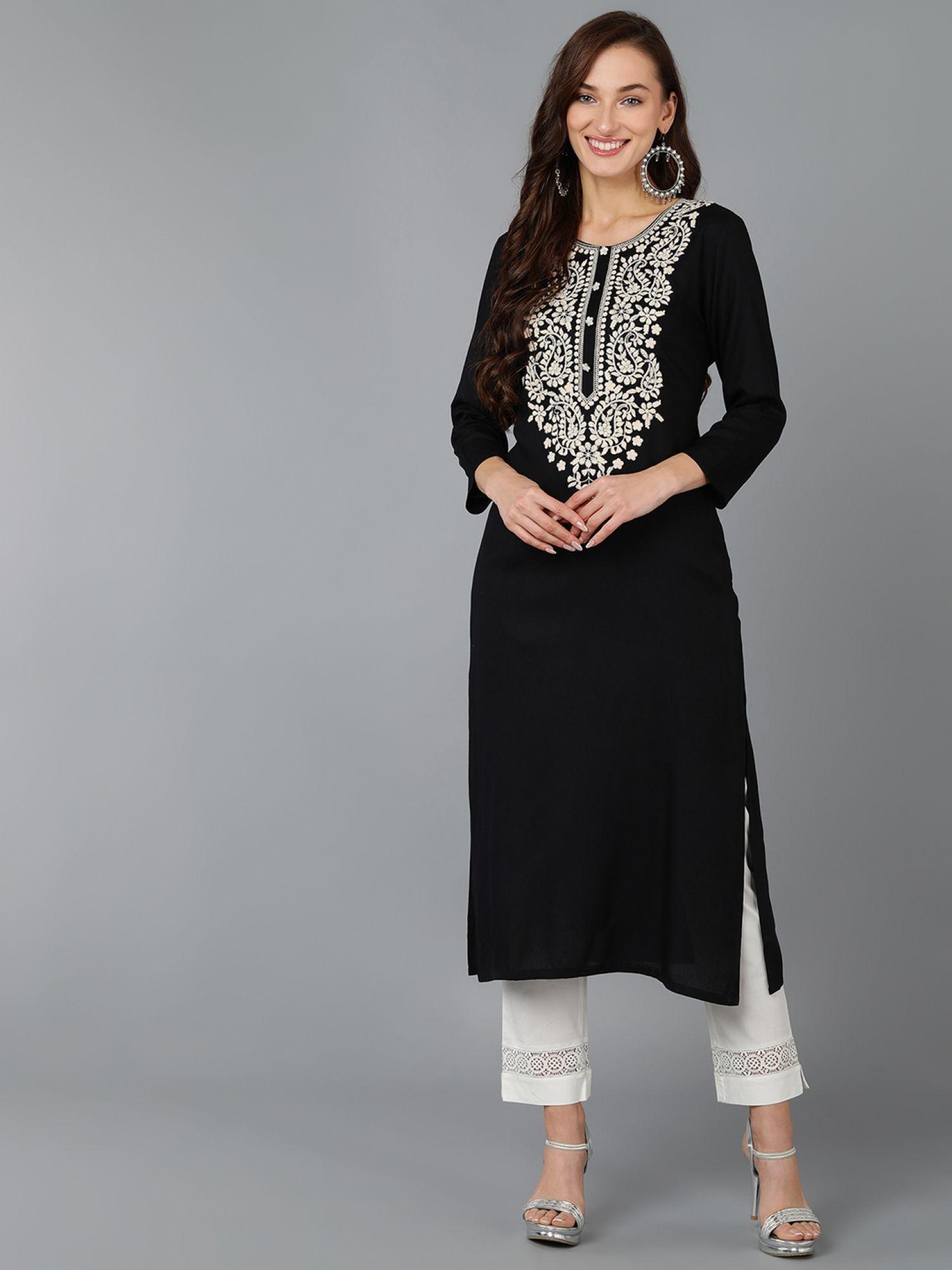 women black viscose rayon embroidered solid straight kurta (vck9064)