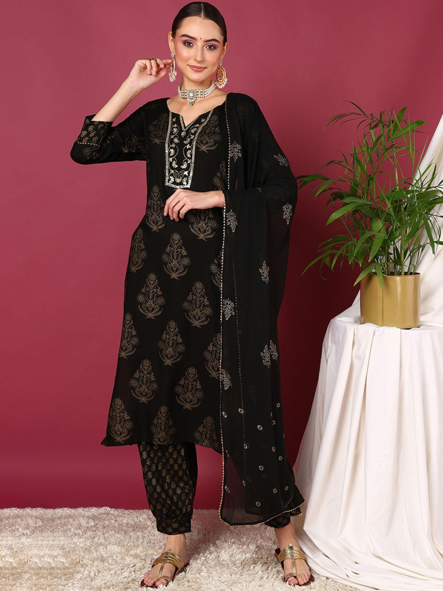 women black viscose rayon straight kurta salwar with dupatta (set of 3)