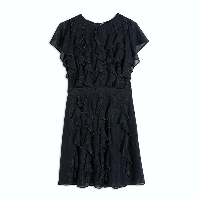 women black waterfall ruffle mini dress