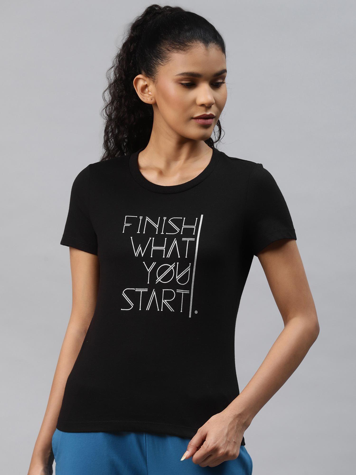 women black white typography printed slim fit outdoor t-shirt