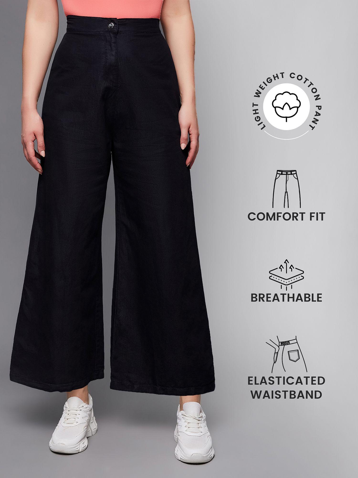 women black wide leg high rise clean look regular length denim pants