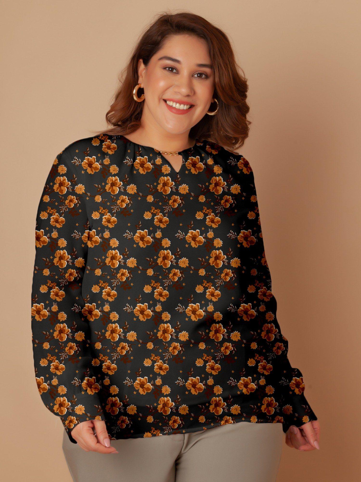 women black with brown floral prints regular top