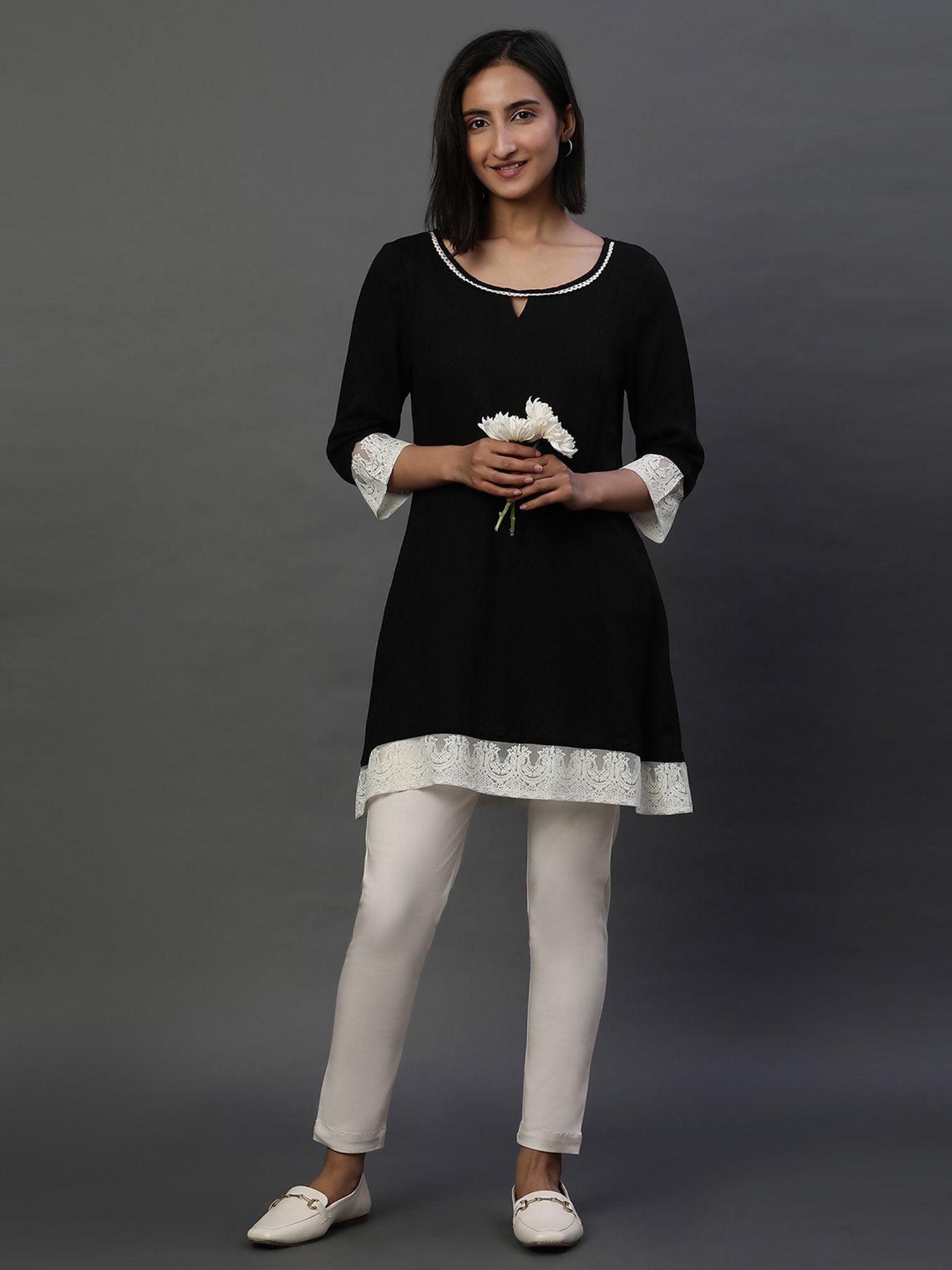 women black woven rayon kurti