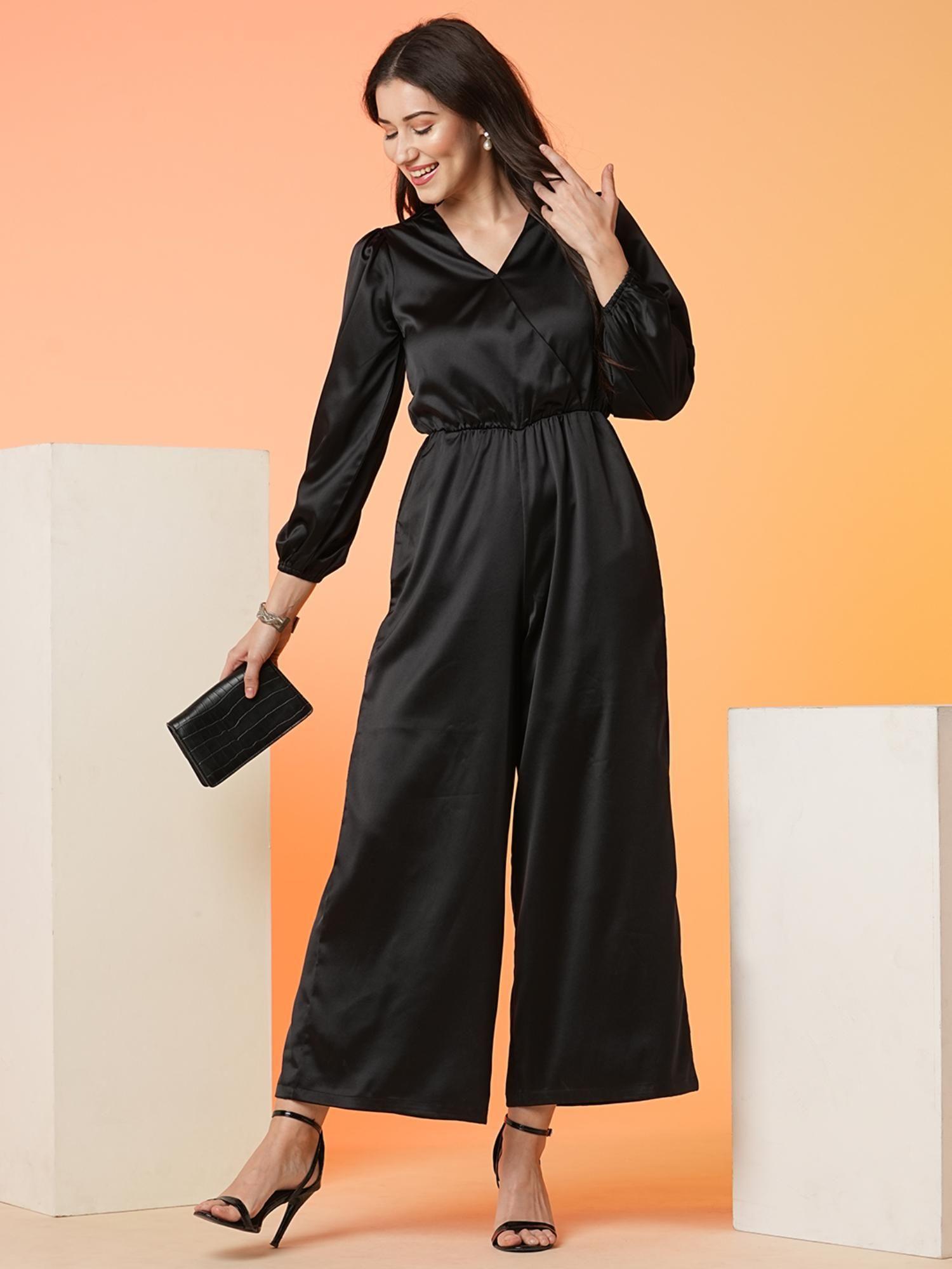 women black wrap neck bishop sleeves party wear jumpsuit