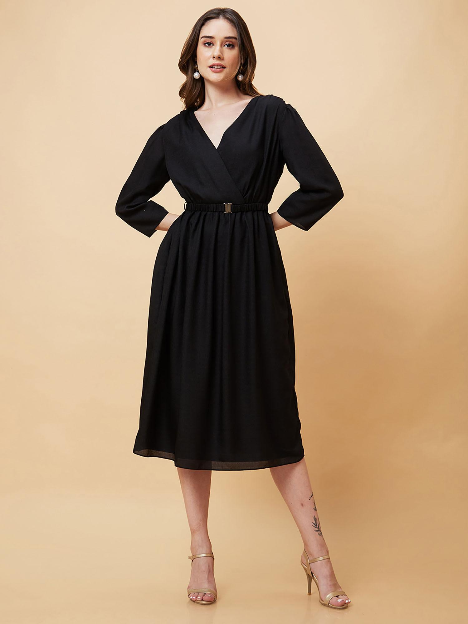 women black wrap neck gathered waist a-line midi dress with belt