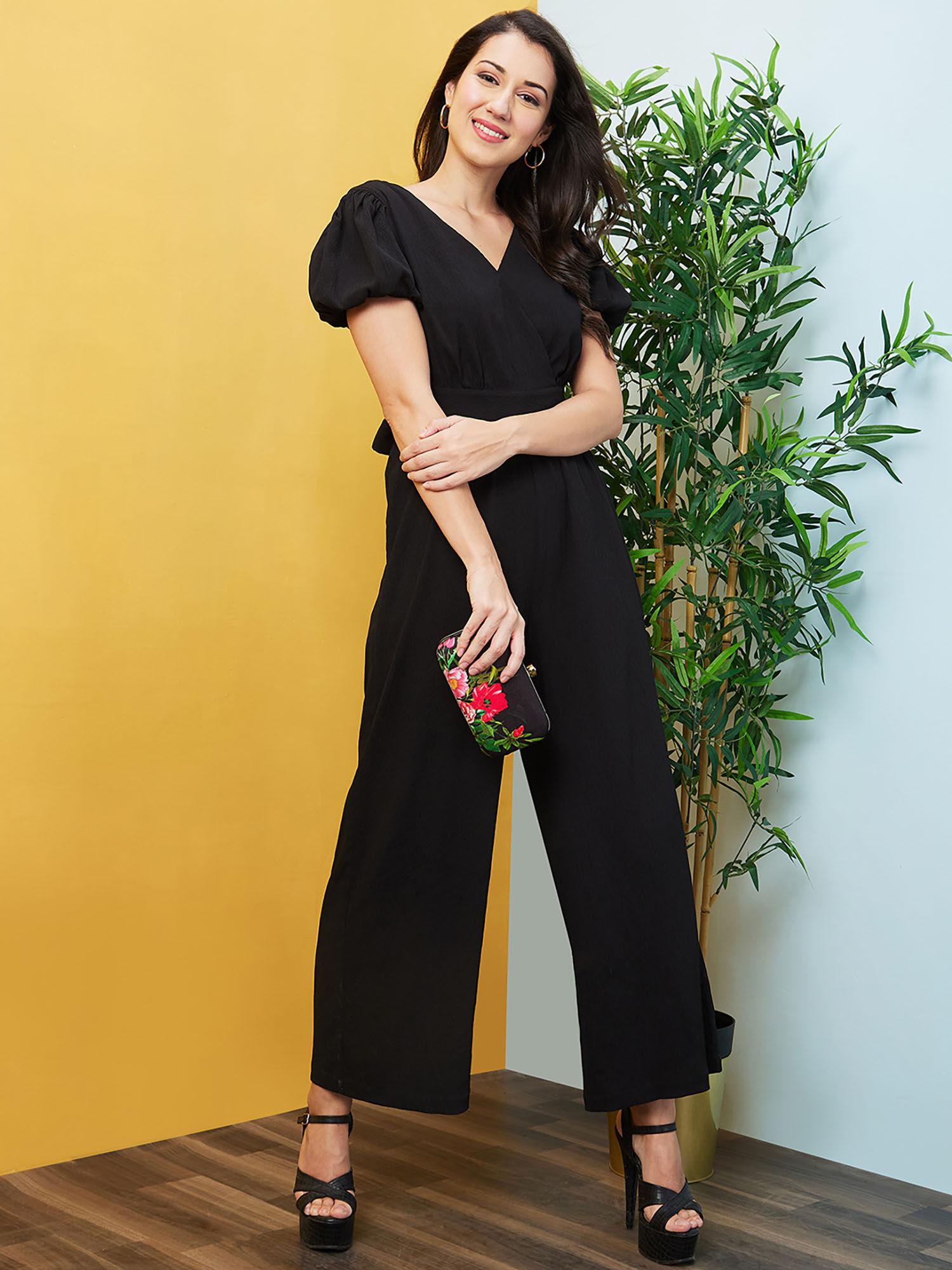 women black wrap neck puff sleeves gathered waist tie-up jumpsuit