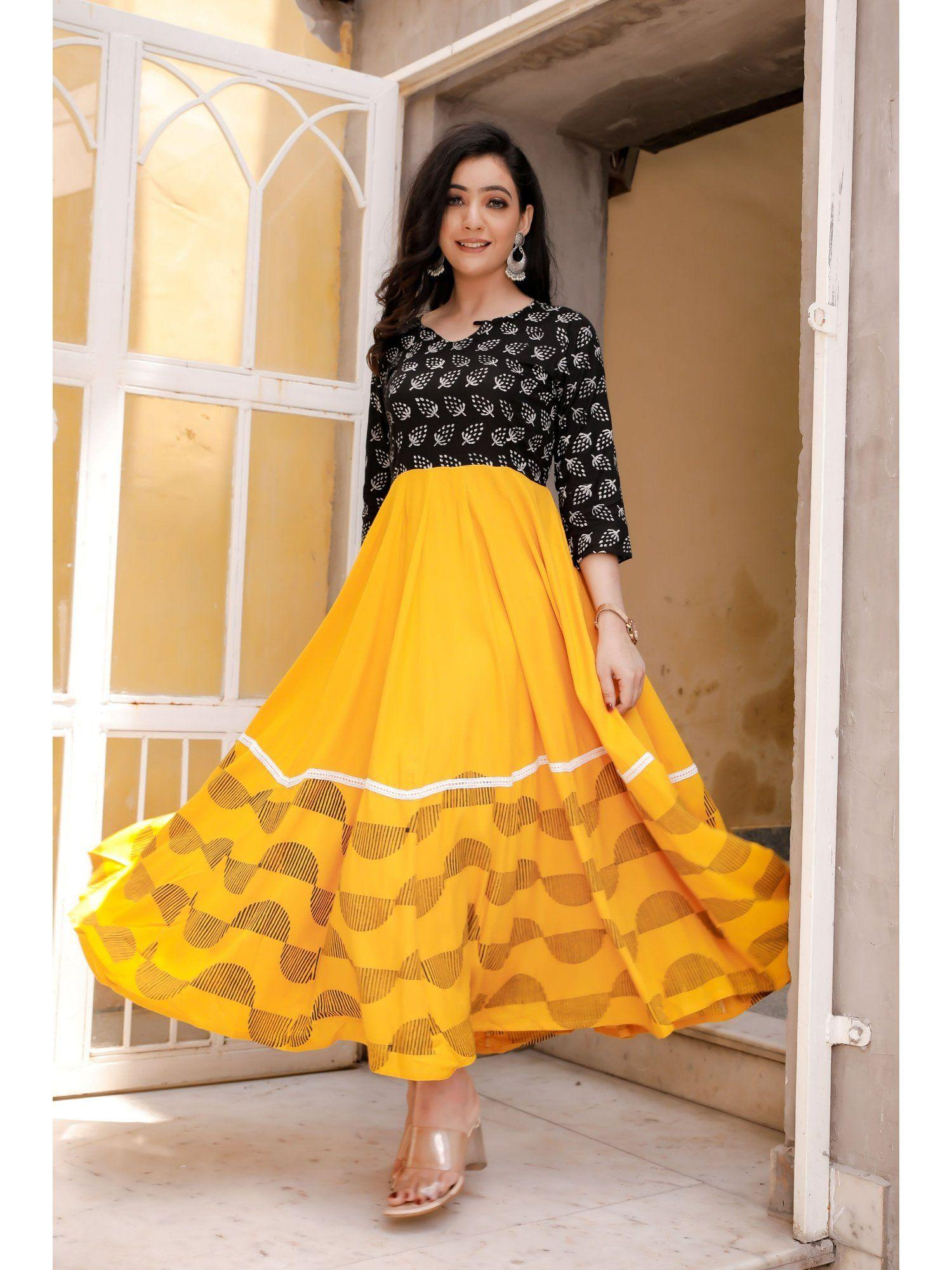 women black-yellow floral block print anarkali kurta