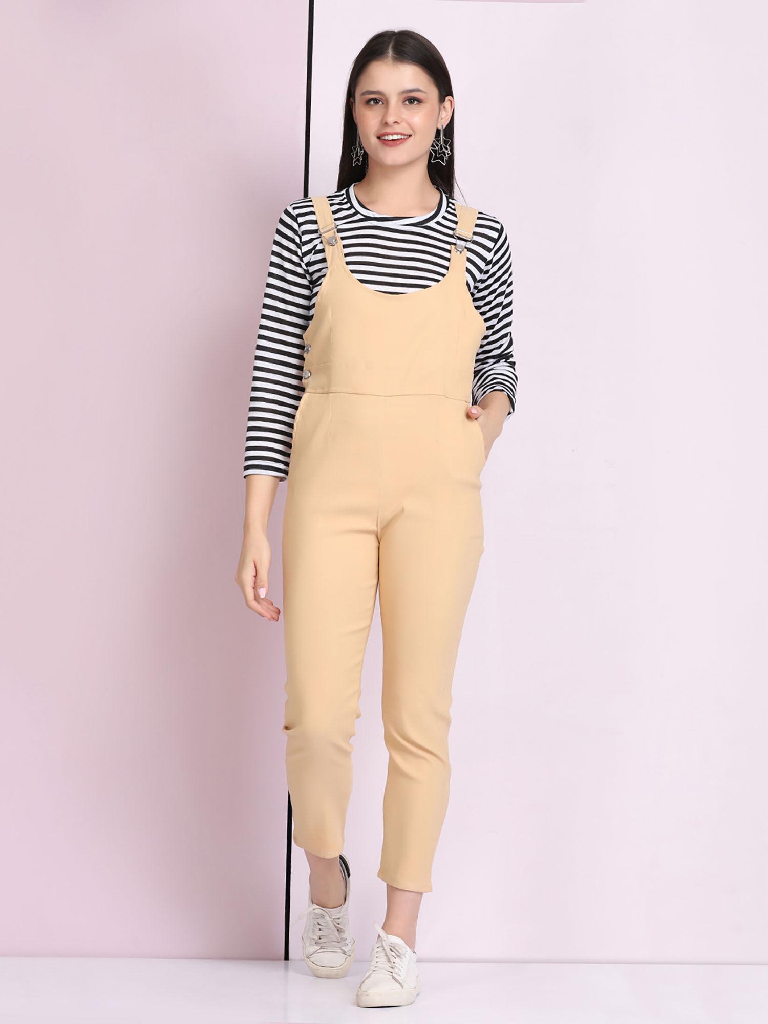 women blended fabric beige stripes dungaree with top (set of 2)