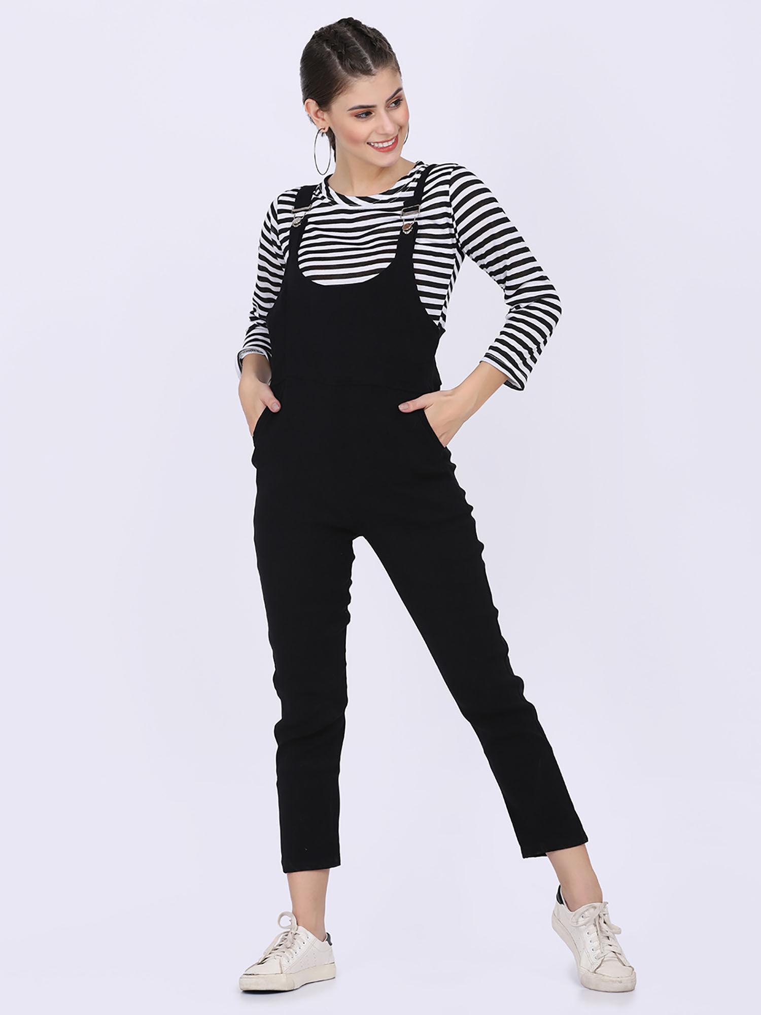 women blended fabric black stripes dungaree with top (set of 2)