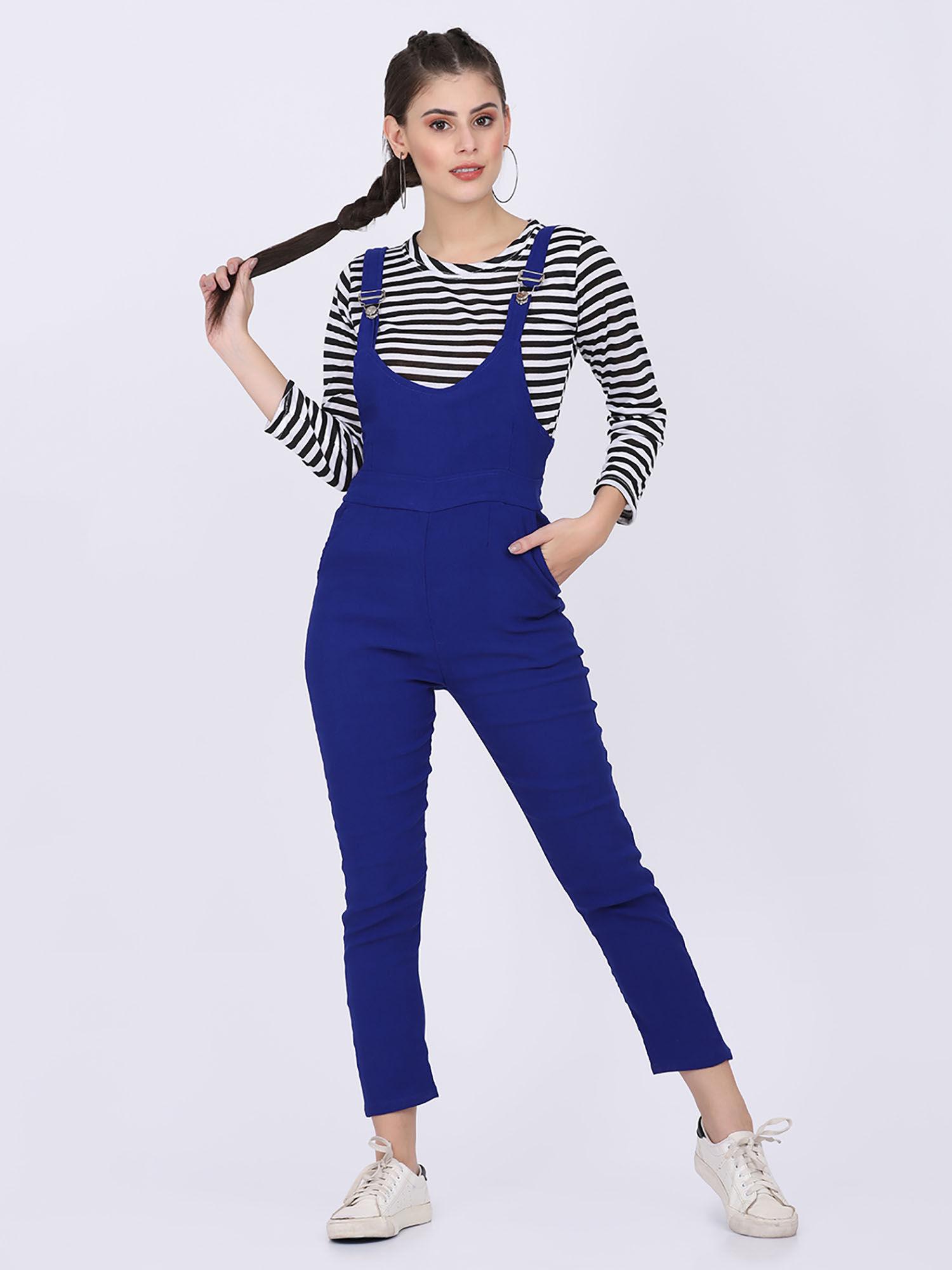 women blended fabric blue stripes dungaree with top (set of 2)