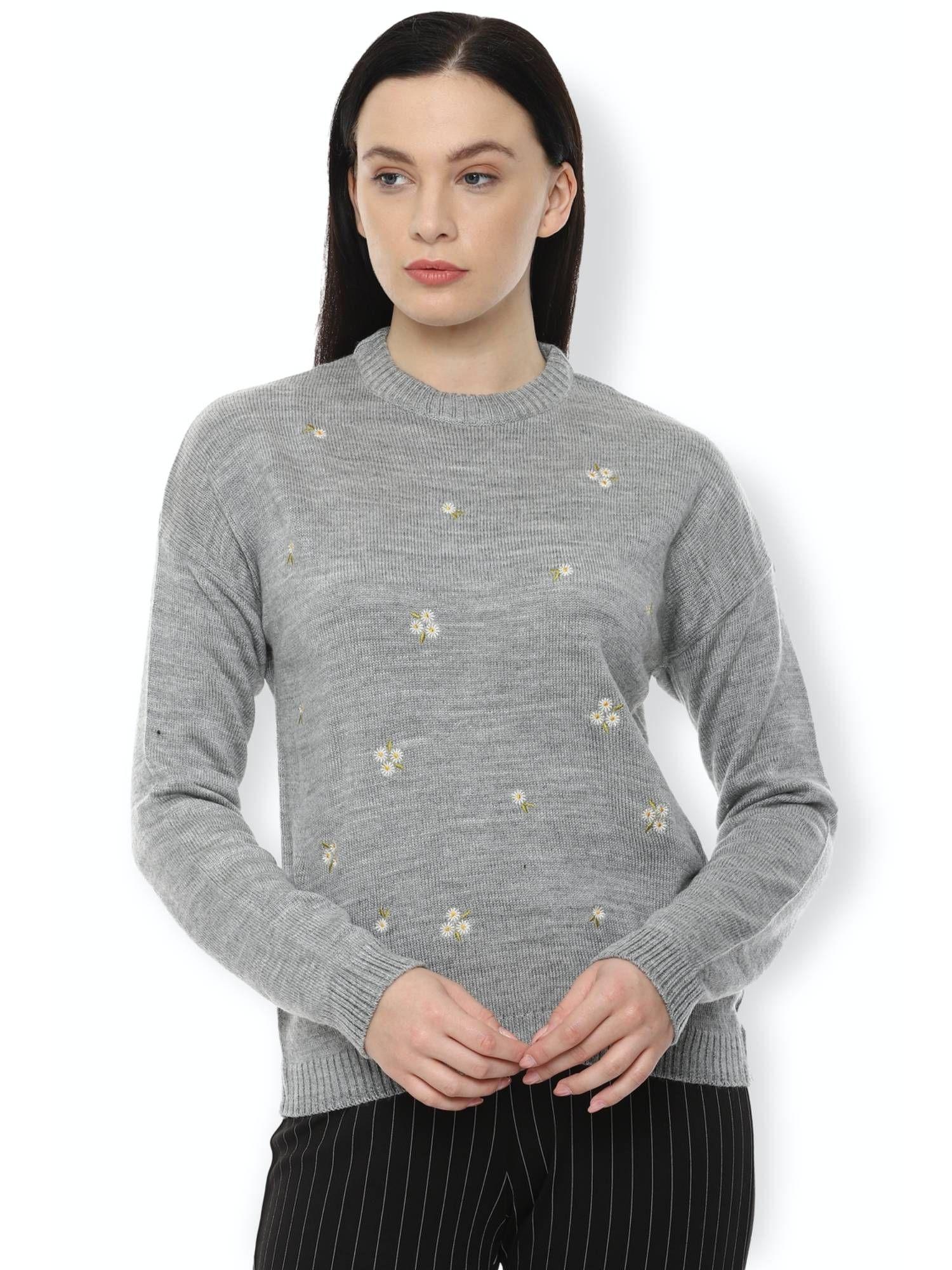 women blended fabric embroidered regular fit grey sweater