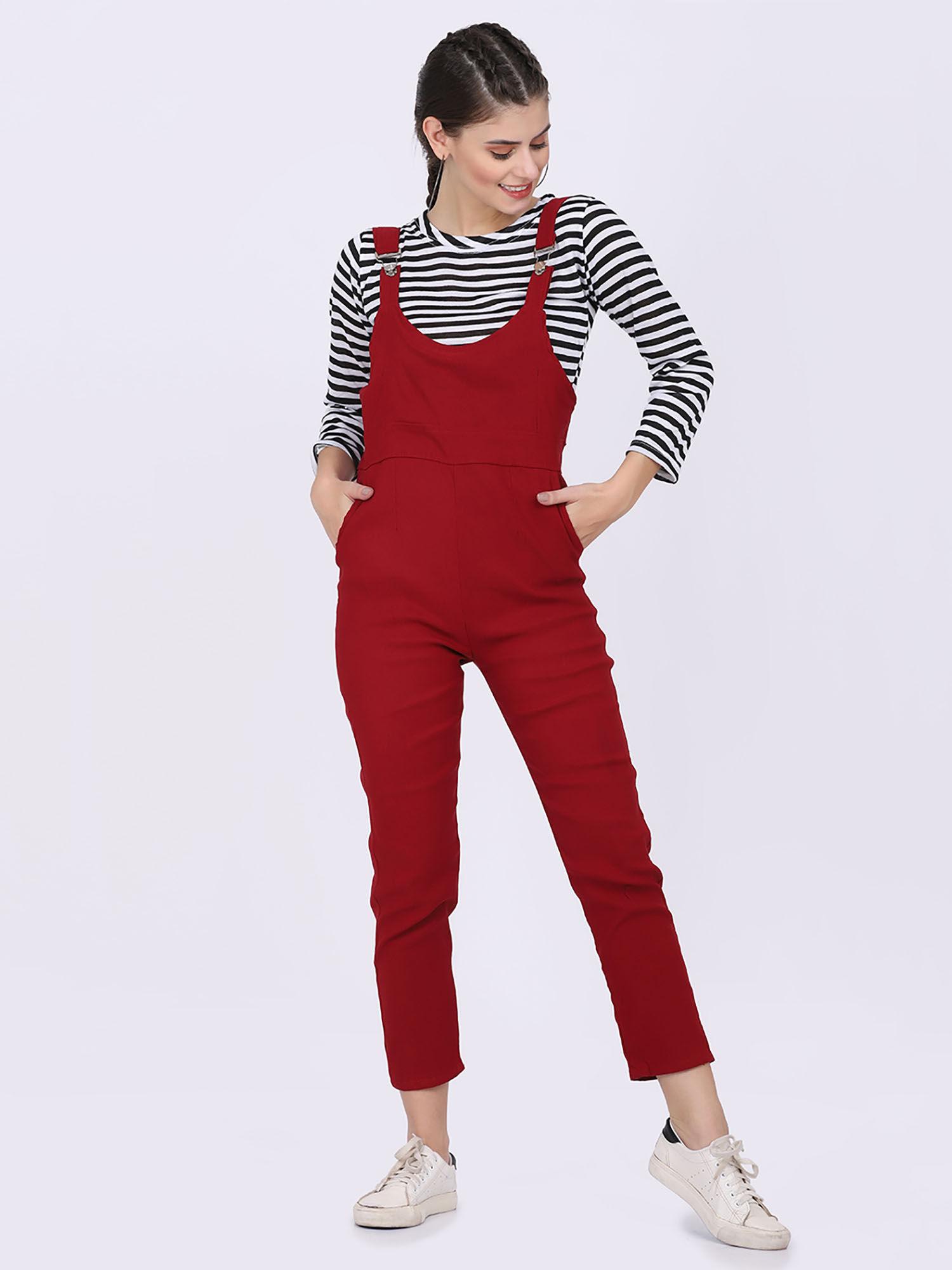 women blended fabric maroon stripes dungaree with top (set of 2)