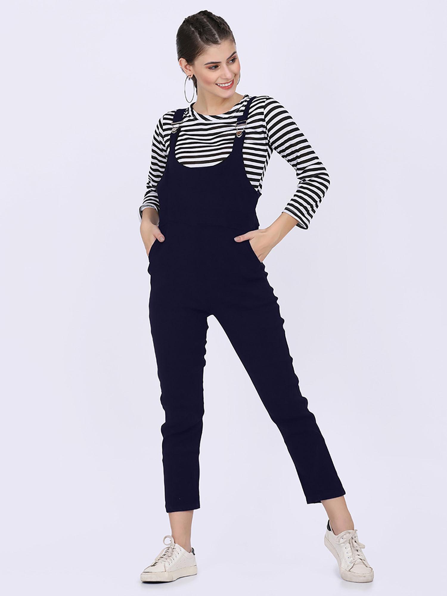 women blended fabric navy blue stripes dungaree with top (set of 2)