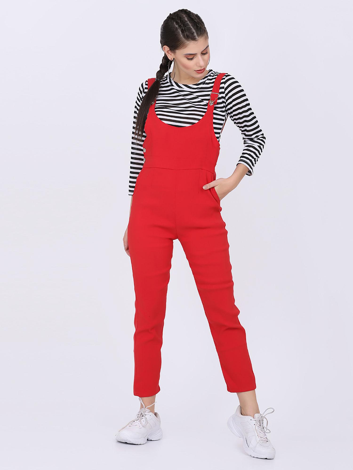 women blended fabric red stripes dungaree with top (set of 2)