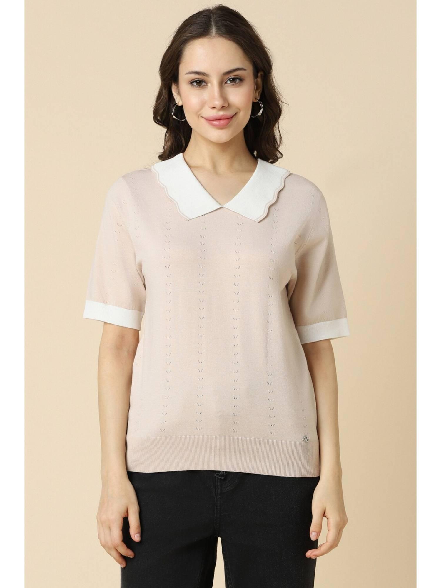 women blended fabric self design regular fit beige top