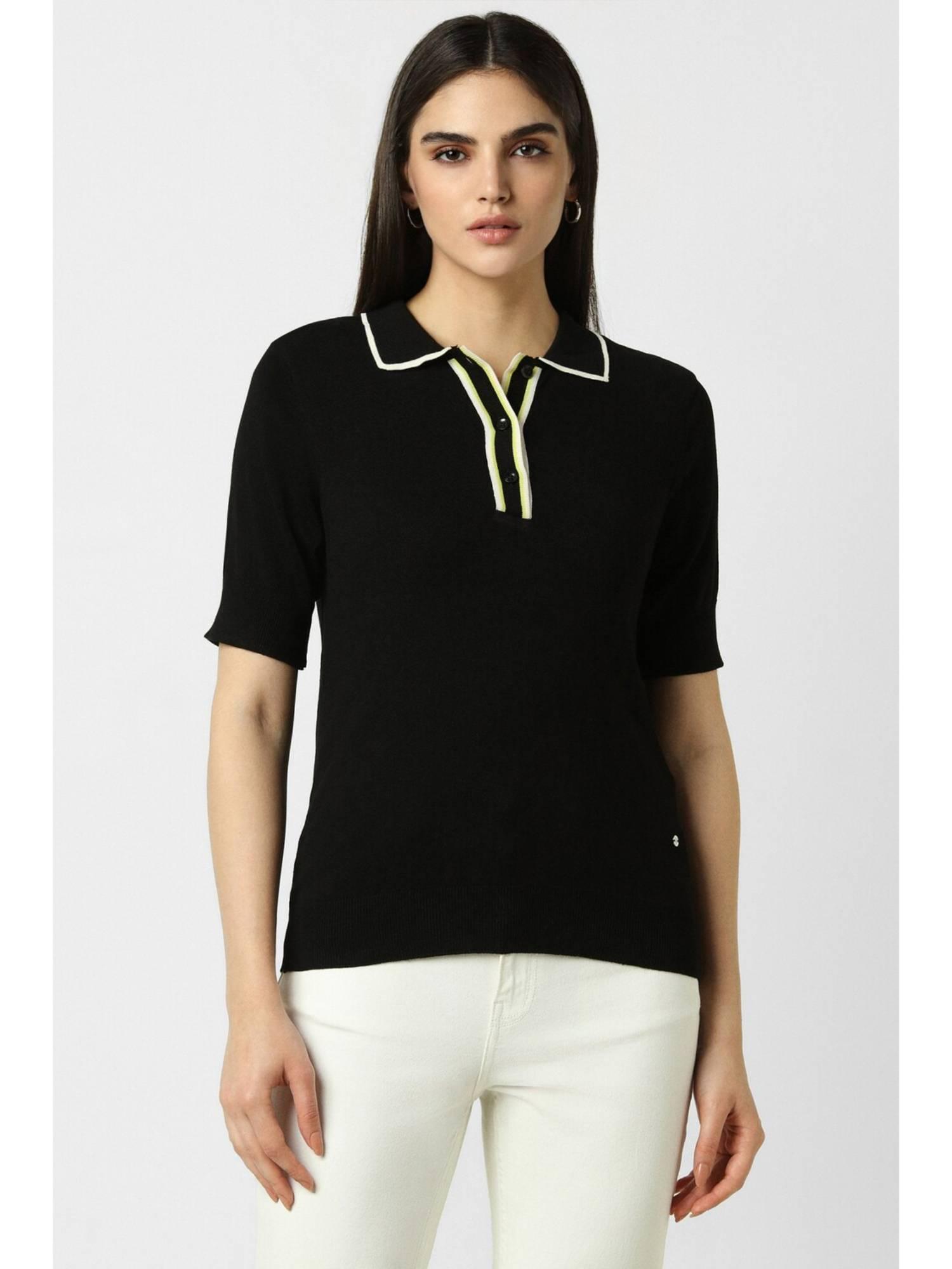 women blended fabric solid regular fit black polo t-shirt