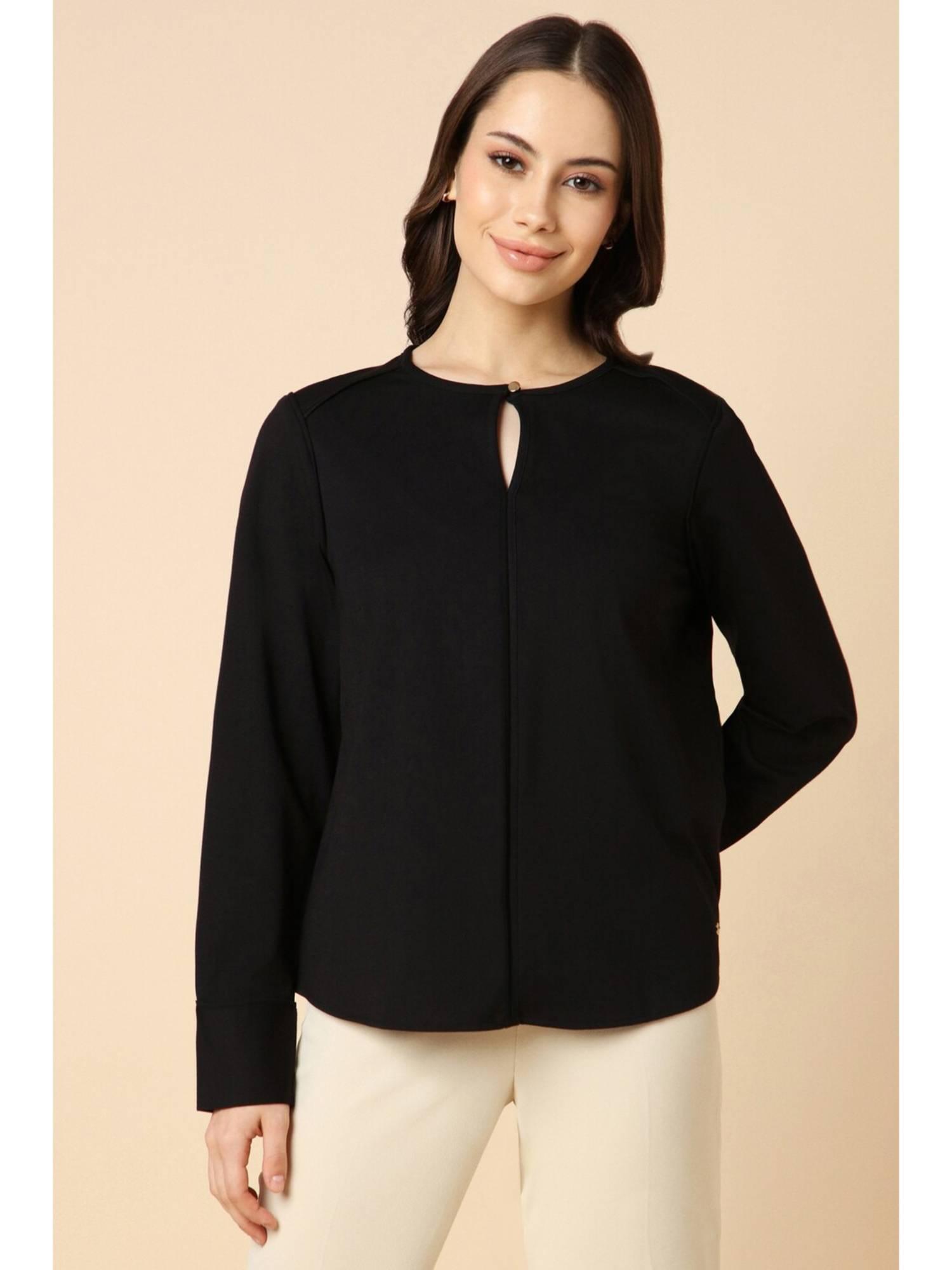 women blended fabric solid regular fit black top