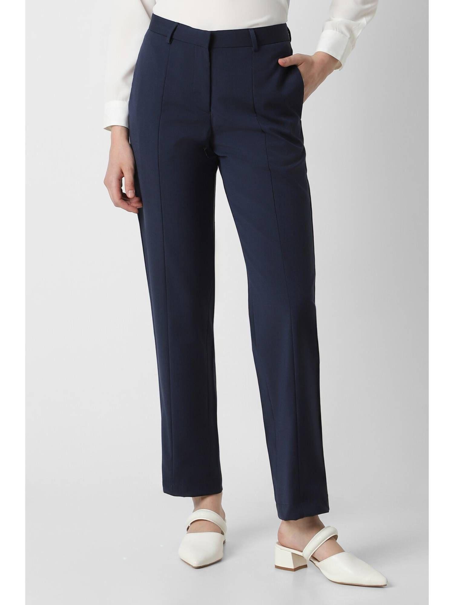 women blended fabric solid regular fit navy blue trouser