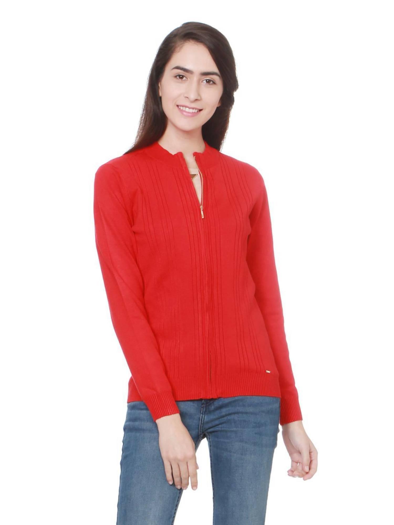 women blended fabric textured regular fit red sweater