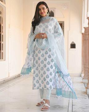 women block print a-line kurta & pants with dupatta