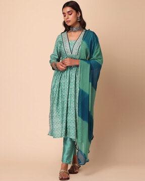 women block print a-line kurta suit set