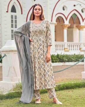 women block print anarkali kurta suit set