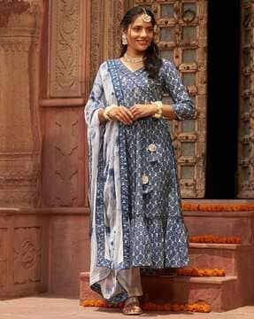 women block print angrakha kurta suit set