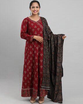 women block print angrakha kurta with pants & dupatta set