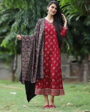 women block print angrakha kurta with pants & dupatta set