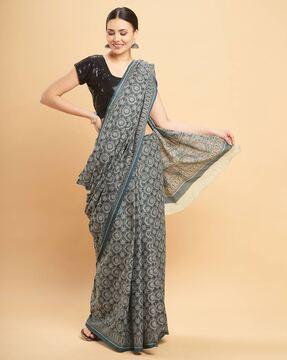 women block print cotton saree