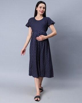 women block print fit & flare dress with short sleeves