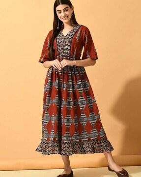 women block print fit & flare dress