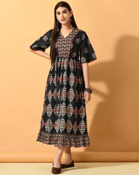 women block print fit & flare dress