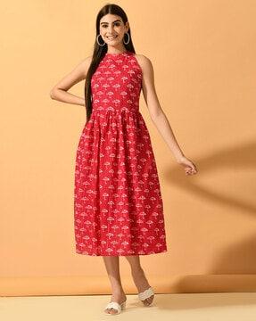 women block print fit & flare dress