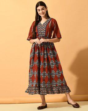 women block print fit & flare dress