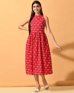 women block print fit & flare dress