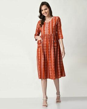 women block print fit & flare dress