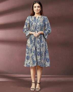 women block print fit & flare dress