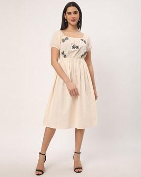 women block print fit & flare dress