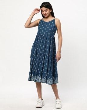 women block print fit & flare dress