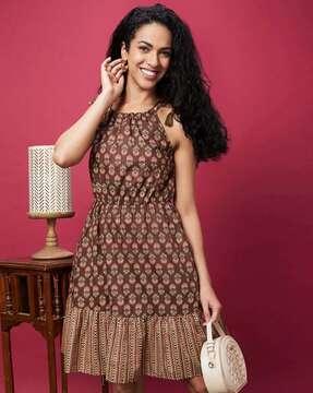 women block print flared dress