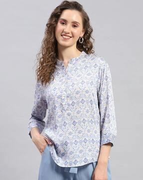 women block print regular fit top with short sleeves