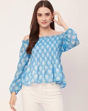 women block print relaxed fit off-shoulder top