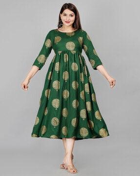 women block print round-neck anarkali kurta