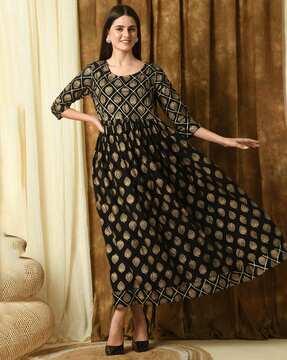 women block print round-neck anarkali kurta