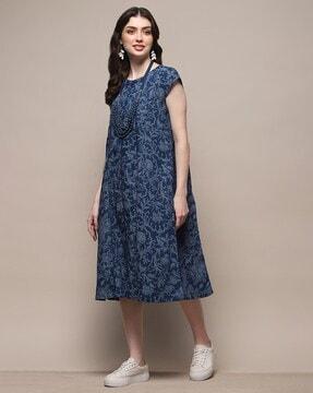 women block print round-neck fit & flare dress