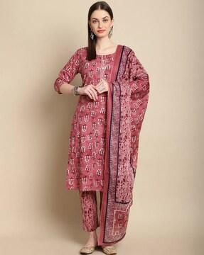 women block print round-neck straight kurta suit set