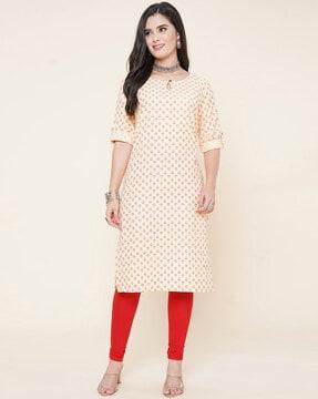 women block print round-neck straight kurta