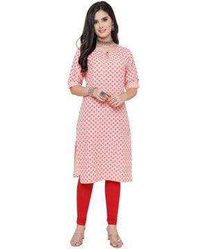 women block print round-neck straight kurta